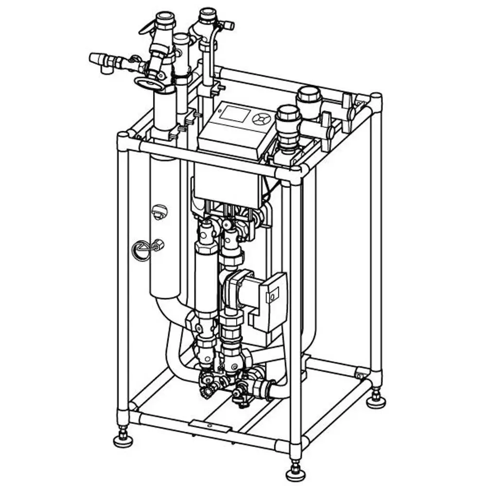 Frischwasserstation von Uponor mit mehreren Anschlüssen, Regelungseinheit und integrierten Rohrleitungen in einem kompakten Rahmen.